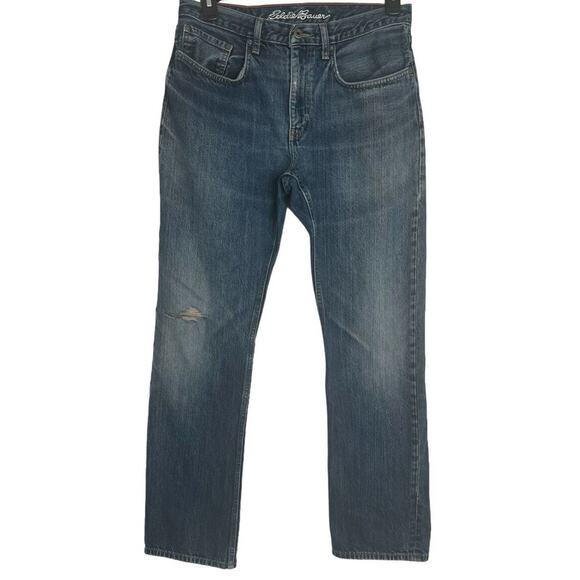 Eddie Baurer Jeans Mens 32x32 Blue Denim Straight Leg Zip Cowboy Distressed Boho - Picture 1 of 8